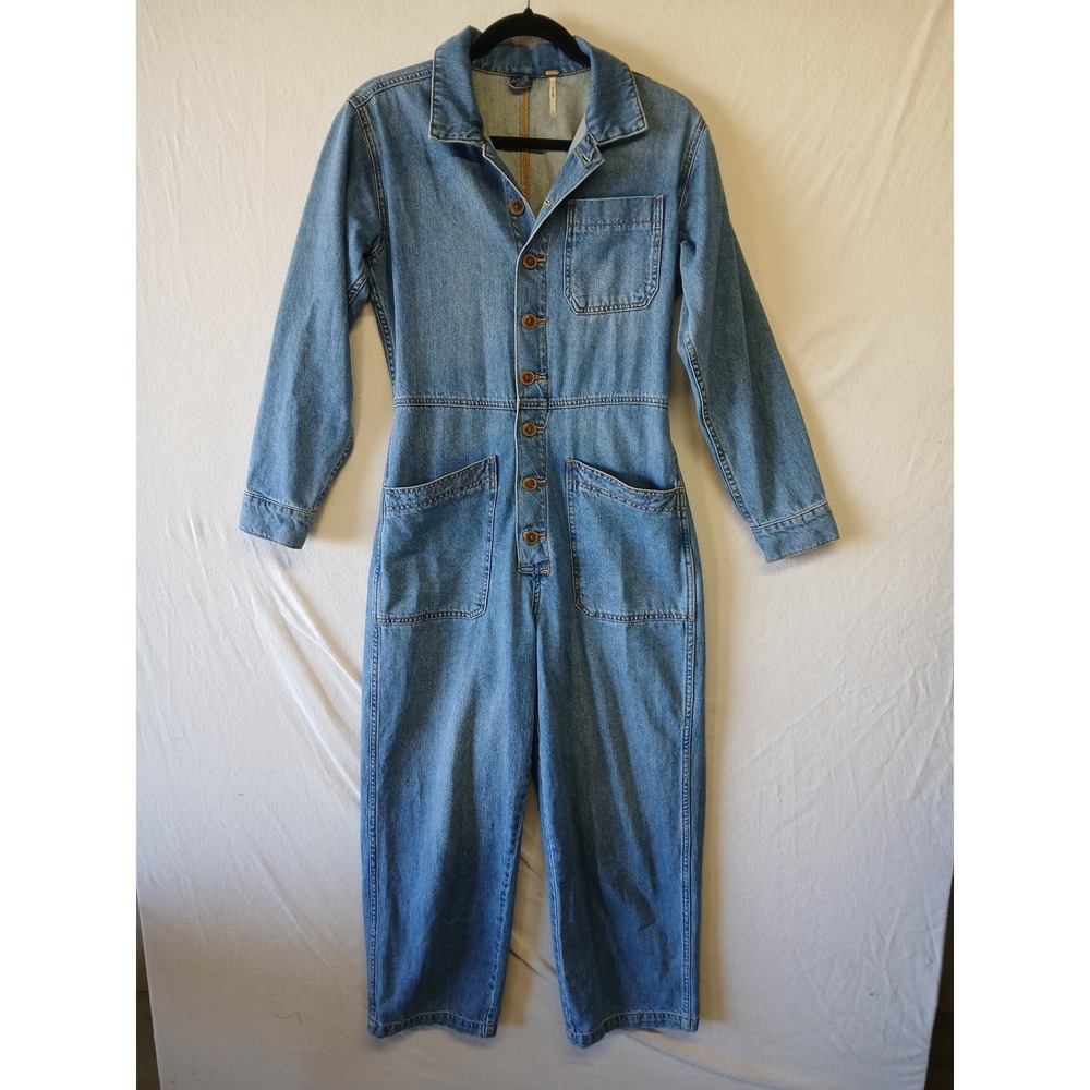 Free people denim jumpsuit long sleeve wide Leg size small